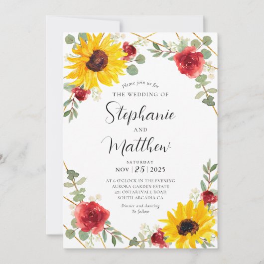 Sonnenblumen Rote Rosen geometrische botanische Ho Einladung (Vorderseite)