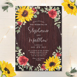 Sonnenblumen Rote Rosen Lights Wood Wedding Einladung