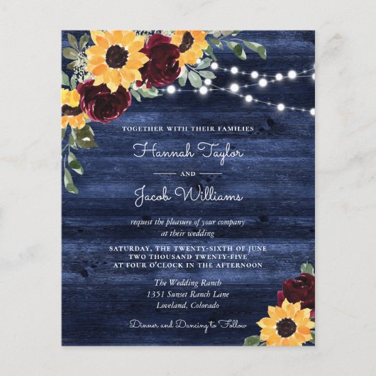 Sonnenblumen Rote Rosen Navy Budget Einladung Hoch (Vorderseite)