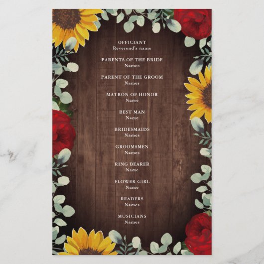 Sonnenblumen Rote Rosen Rustic Wood Wedding Progra (Rückseite)