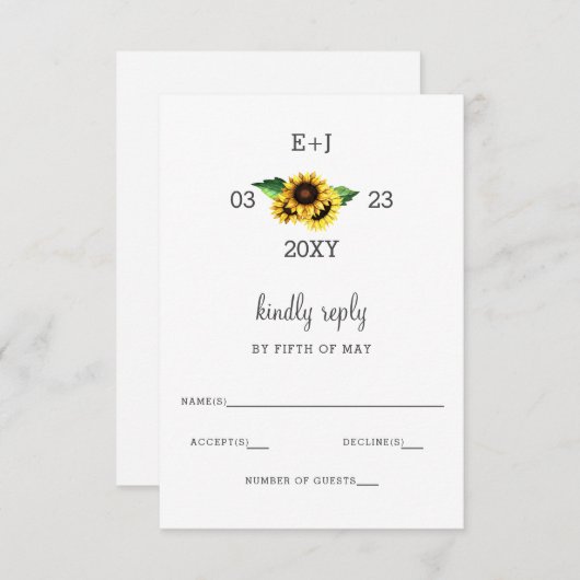 Sonnenblumen Rustic Country Chic Hochzeit RSVP (Vorne/Hinten)