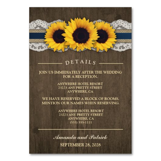 Sonnenblumen Rustikal Blauer Empfang + Hotelkarten Tischnummer (Vorderseite)