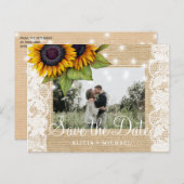 Sonnenblumen rustikale Burlace rett datiert Hochze Ankündigungspostkarte (Vorne/Hinten)