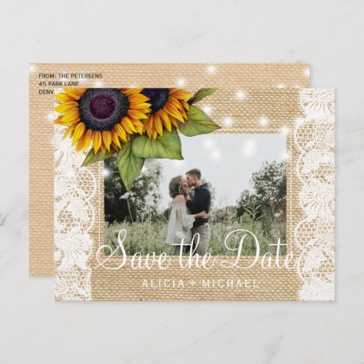 Sonnenblumen rustikale Burlace rett datiert Hochze Ankündigungspostkarte (Vorne/Hinten)