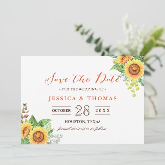 Sonnenblumen Rustikale Chic Hochzeit Retten Sie da Save The Date (Stehend Vorderseite)