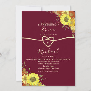 Sonnenblumen-Rustikale-Floral-Bordeaux-Hochzeit Einladung