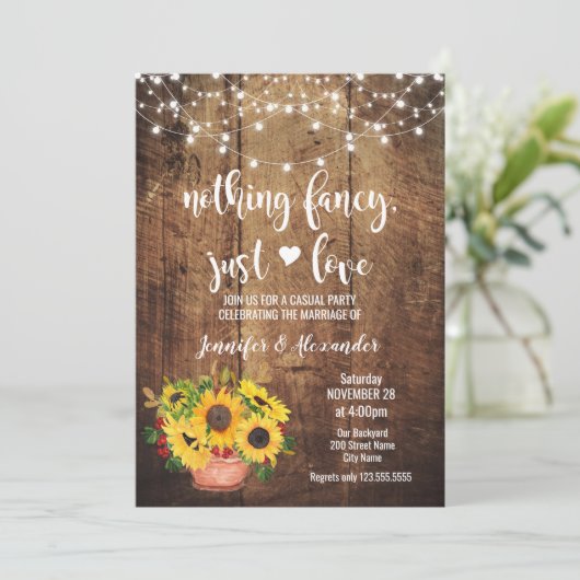 Sonnenblumen Rustikale Hochzeitsempfang Einladung (Stehend Vorderseite)