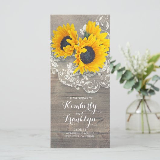 Sonnenblumen Rustikale Hochzeitsprogramme für Holz Programm (Stehend Vorderseite)
