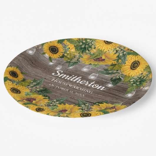 Sonnenblumen Rustikale Holzsägemälde Pappteller (Schrägansicht)