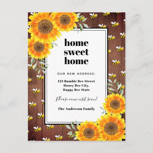 Sonnenblumen rustikale Hummeln neue Zuhause Ankündigungspostkarte (Vorderseite)