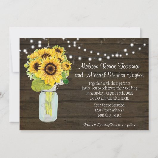 Sonnenblumen Rustikale Landmason Jar Lights I Einladung (Vorderseite)
