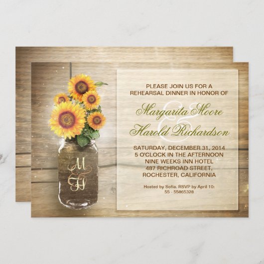 Sonnenblumen rustikale Mason Jar Probe Dinner einl Einladung (Vorne/Hinten)