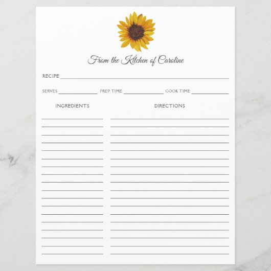 Sonnenblumen Rustikale Recipe Card Binder Beilage (Vorderseite)