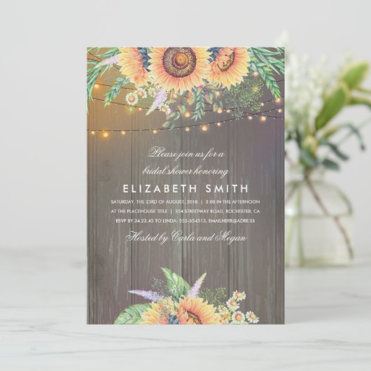 Sonnenblumen Rustikale Saitenleuchten Brautparty Einladung (Stehend Vorderseite)