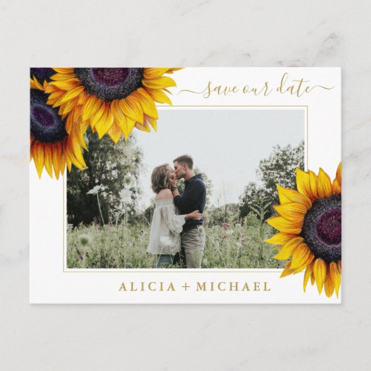 Sonnenblumen rustikale schicke Drehbuch rett Datum Ankündigungspostkarte (Vorderseite)