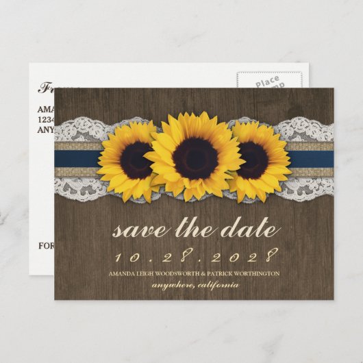 Sonnenblumen Rustikaler Blauer Burlap Save the Dat Ankündigungspostkarte (Vorne/Hinten)