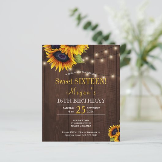 Sonnenblumen rustikaler Chic 16 . Geburtstag (Stehend Vorderseite)