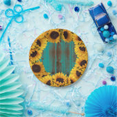 Sonnenblumen Rustikales Aquamarines Barnholz Pappteller (Party)