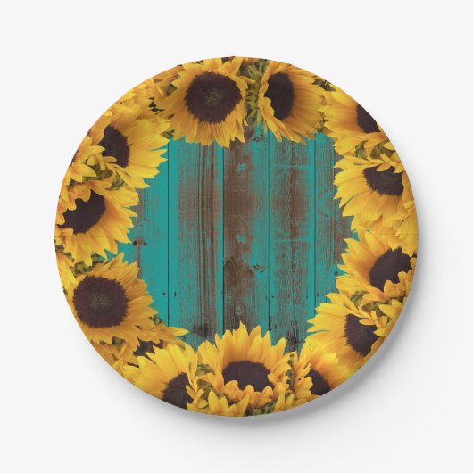 Sonnenblumen Rustikales Aquamarines Barnholz Pappteller (Vorderseite)
