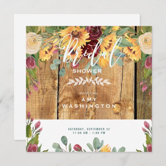 Sonnenblumen Rustikales Brautparty aus Holz Einladung (Vorne/Hinten)