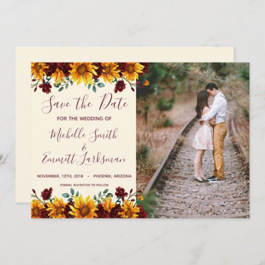 Sonnenblumen Rustikales Burgund Save the Date (Vorne/Hinten)