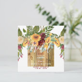 Sonnenblumen Rustikales Holz Burgund Brautparty Einladung (Stehend Vorderseite)