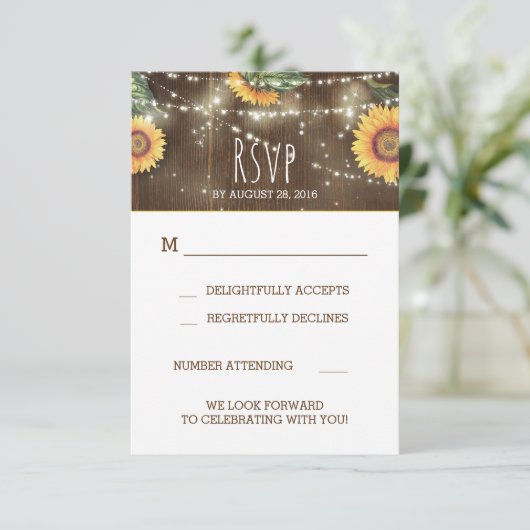 Sonnenblumen Rustikales Holz Hochzeit RSVP (Stehend Vorderseite)