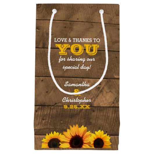 Sonnenblumen & rustikales Holz-Hochzeitsgast Kleine Geschenktüte (Vorderseite)