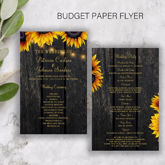 Sonnenblumen rustikales Holz Skript Hochzeitsprogr Flyer