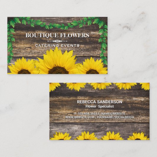 Sonnenblumen | Rustikales Holz und Reben Visitenkarte (Vorne/Hinten)