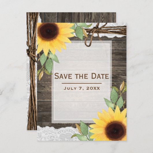 Sonnenblumen Rustikales Waldland Save the Date Ankündigungspostkarte (Vorne/Hinten)