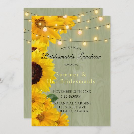 Sonnenblumen Sage Wood Lights Bridesmaids Luncheon Einladung (Vorne/Hinten)