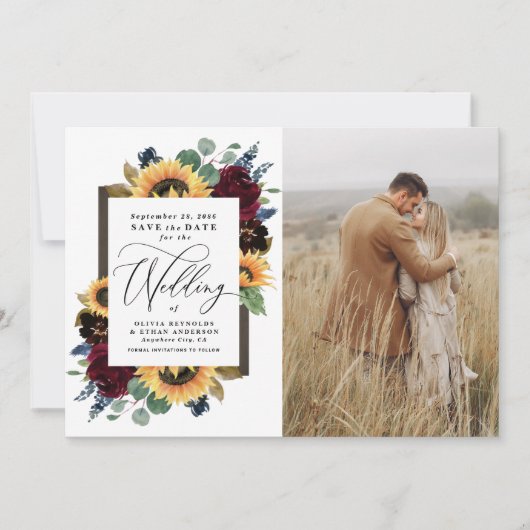 Sonnenblumen Save the Date Foto Rustikale Landkart Einladung (Vorderseite)
