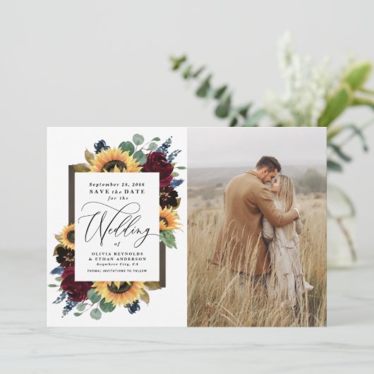 Sonnenblumen Save the Date Foto Rustikale Landkart Einladung (Stehend Vorderseite)
