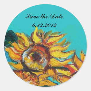 SONNENBLUMEN Save the Date IN BLAUEM TURQUOISE Runder Aufkleber