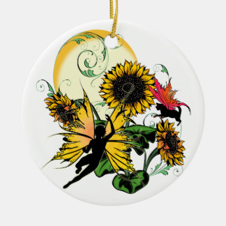 Sonnenblumen-Schattenfee und Kosmische Katze Keramik Ornament