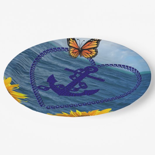 Sonnenblumen Schmetterling Ankerpapier Teller (Schrägansicht)