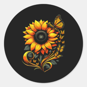 Sonnenblumen-Schmetterling-Blumen-Natur-Kunst Runder Aufkleber