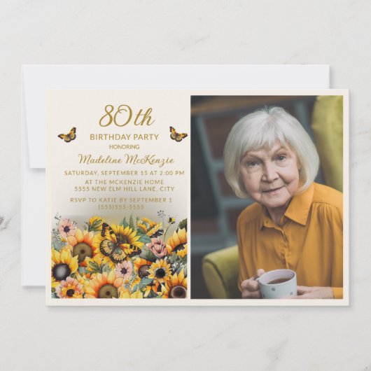 Sonnenblumen Schmetterlinge 80. Geburtstagsparty F Einladung (Vorderseite)