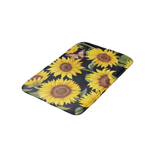 Sonnenblumen, Schmetterlinge, Aquarellschwarz Badematte (Schrägansicht)