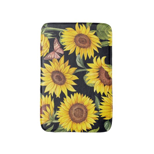 Sonnenblumen, Schmetterlinge, Aquarellschwarz Badematte (Vorderseite Vertikal)