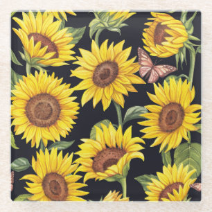 Sonnenblumen, Schmetterlinge, Aquarellschwarz Glasuntersetzer