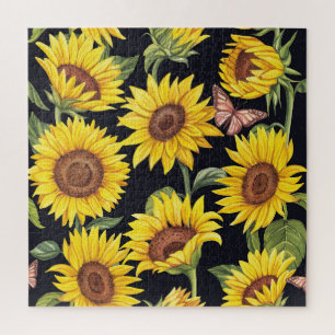 Sonnenblumen, Schmetterlinge, Aquarellschwarz Puzzle