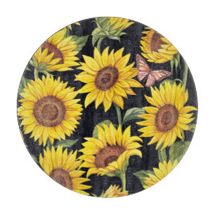 Sonnenblumen, Schmetterlinge, Aquarellschwarz Schneidebrett