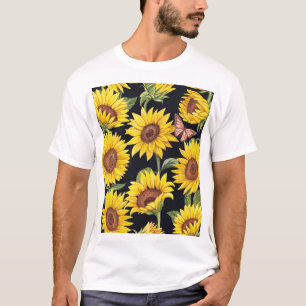 Sonnenblumen, Schmetterlinge, Aquarellschwarz T-Shirt