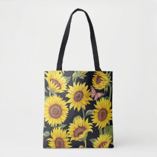 Sonnenblumen, Schmetterlinge, Aquarellschwarz Tasche