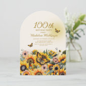 Sonnenblumen Schmetterlinge Arch 100. Geburtstagsp Einladung (Stehend Vorderseite)