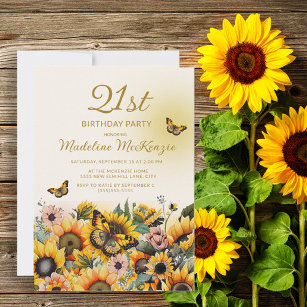Sonnenblumen Schmetterlinge Frauen 21. Geburtstag  Einladung