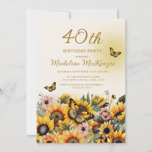 Sonnenblumen Schmetterlinge Frauen 40. Geburtstag Einladung (Vorderseite)