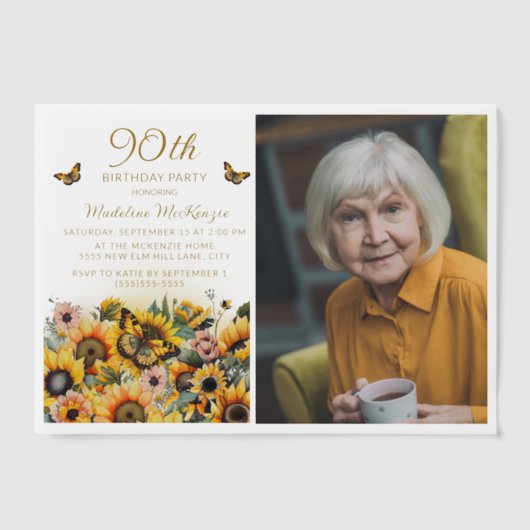 Sonnenblumen Schmetterlinge Frauen's 90. Geburtsta Pergament Einladungen (Vorderseite)